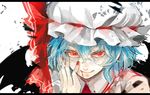  bat_wings blood blue_hair face frea hand_on_own_face hat letterboxed red_eyes remilia_scarlet short_hair smile solo touhou upper_body wings 