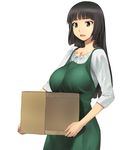  a1 amado_yuu apron bangs black_hair blunt_bangs box breasts brown_eyes cardboard_box hime_cut large_breasts long_hair open_mouth parts_no_pa simple_background solo white_background 