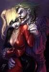 1girl batman_(series) black_bodysuit blonde_hair bodysuit breasts cleavage dc_comics domino_mask glasgow_smile gloves green_hair harley_quinn holding_hands kuroi-tsuki large_breasts makeup mask md5_mismatch red_bodysuit resized stitches the_joker twintails upscaled zipper 