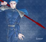  blue_hair fate/stay_night fate_(series) gae_bolg lancer long_hair male_focus polearm ponytail red_eyes redradiata solo spear weapon 