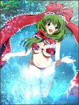  bikini blush breasts female forest green_eyes green_hair highres kagiyama_hina large_breasts long_hair mix_station nature ribbon river short_hair swimsuit touhou tree water yadokari_genpachirou 