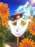  ;d bad_id bad_pixiv_id brown_eyes brown_hair dress field flower flower_field hat hat_flower hat_ribbon leg_up lift long_hair looking_at_viewer mashiro321 one_eye_closed open_mouth original petals ribbon smile solo sundress sunflower sunlight 