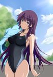  bakemonogatari blue_eyes competition_swimsuit highres long_hair maki_ikazuya md5_mismatch monogatari_(series) one-piece_swimsuit purple_hair senjougahara_hitagi swimsuit towel 