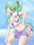  absurdres adapted_costume armpits bikini breasts cleavage frog_hair_ornament green_hair hair_ornament hair_tubes hand_on_hip highres kochiya_sanae large_breasts long_hair open_mouth ponytail rabinidaddo scrunchie smile snake_hair_ornament solo swimsuit touhou yellow_eyes 