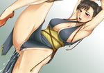  alternate_costume arms_up black_eyes black_hair blush breasts brown_hair capcom chinese_clothes chun-li cleavage cum cum_on_body cum_on_lower_body double_bun erect_nipples female futurepack large_breasts leg_lift leg_up legs open_mouth saliva short_hair simple_background standing street_fighter sweat tears thighs 