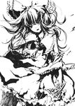  between_fingers bow floating_hair greyscale hair_bow hair_tubes hakurei_reimu high_contrast highres long_hair monochrome ofuda open_mouth ritz_(h322) solo touhou traditional_media 