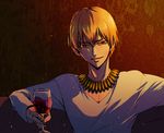  alcohol bad_id bad_pixiv_id blonde_hair bracelet cup drinking_glass fate/zero fate_(series) gilgamesh jewelry male_focus mya_ki necklace red_eyes solo wine wine_glass 