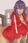  :p ahoge ass blush bottomless breasts choker cleavage coca-cola cola_(exaxuxer) dark_skin exaxuxer feathers gigantic_breasts glasses hair_feathers highres hood hood_down hooded_jacket hooded_track_jacket hoodie huge_breasts jacket naked_hoodie naked_track_jacket original product_placement purple_eyes purple_hair red-framed_eyewear semi-rimless_eyewear sleeves_rolled_up solo tongue tongue_out track_jacket under-rim_eyewear unzipped v_arms 