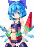  blue_eyes blue_hair breasts cirno covered_nipples food fruit holding ice ice_wings mikan_(bananoha) navel one-piece_swimsuit popsicle school_swimsuit short_hair simple_background small_breasts smile solo swimsuit thighhighs touhou watermelon watermelon_bar white_background wings 