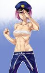  1girl abs banchou binbougami_ga! delinquent hat muscle pants pink_hair police_hat rindou_ranmaru sarashi short_hair solo sukeban 