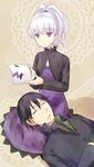  1girl black_hair closed_eyes couple darker_than_black dress flat_chest hei hetero lap_pillow long_hair lying mask on_back ponytail purple_dress purple_eyes revision seiza silver_hair sitting skirt sleeping yin yuyuzuki_(yume_usagi) 