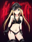  666 black_gloves black_legwear black_panties blonde_hair blue_eyes breasts cane cleavage eyebrows gloves hat highres k-on! kaiga kotobuki_tsumugi leather long_hair looking_at_viewer medium_breasts one_eye_closed panties peaked_cap slayer_(band) smile solo thick_eyebrows thighhighs twintails underwear 