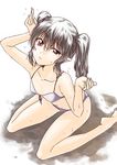  abo_(hechouchou) bare_legs bare_shoulders barefoot bikini black_hair flat_chest frown himekaidou_hatate long_hair sitting solo swimsuit tears touhou twintails wariza wet wet_hair 