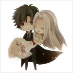  1girl bad_id bad_pixiv_id black_eyes black_hair bouquet carrying chibi couple dress emiya_kiritsugu eve_(meltdown) fate/zero fate_(series) flower hetero husband_and_wife irisviel_von_einzbern long_hair princess_carry white_hair 