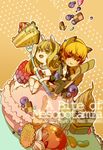  1girl akai_kamoshi animal_ears bad_id bad_pixiv_id blonde_hair blueberry bunny_ears cake cat_ears cookie dated enkidu_(fate/strange_fake) fate/stay_night fate/strange_fake fate/zero fate_(series) food fork fruit genderswap genderswap_(mtf) gilgamesh green_eyes green_hair kemonomimi_mode red_eyes sailor_collar sensha_otoko sweets 