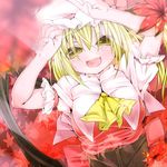  :d alternate_eye_color ascot autumn autumn_leaves blonde_hair blush bow breasts flandre_scarlet hat hat_bow karasawa-40 large_breasts leaf open_mouth short_hair side_ponytail smile solo touhou upper_body wings yellow_eyes 