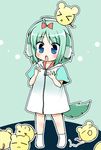  &gt;_&lt; animal_ears blue_eyes blush closed_eyes dog_days dog_ears dog_girl dog_tail eclair_martinozzi green_hair hair_ribbon hood hoodie kuromitu_(kageneko) light_green_hair open_mouth ribbon short_sleeves tail younger zipper 