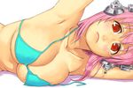  armpits bikini_top blush breasts cleavage headphones large_breasts looking_at_viewer lying nitroplus on_side pink_hair red_eyes simple_background solo super_sonico upper_body white_background yuuji_(and) 