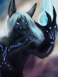  anubian_jackal anubis bioluminescence blue_eyes canine deity gem glowing glowing_markings hair jackal koul long_hair magic male mammal markings nude selker_(character) sindarai solo 