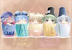  :3 :d ^_^ blonde_hair blue_hair closed_eyes commentary_request cup green_hair grey_eyes grey_hair hammer_(sunset_beach) hat in_container in_cup kaku_seiga miyako_yoshika mononobe_no_futo multiple_girls o_o open_mouth outline outstretched_arms short_hair smile soga_no_tojiko touhou toyosatomimi_no_miko yellow_eyes 
