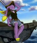  eyes_closed female fur koul lagomorph mammal pink pirate purple_fur rabbit sea ship shorts sitting solo water 