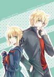  1girl arthur_pendragon_(fate) artoria_pendragon_(all) blonde_hair capsule_servant dual_persona fate/prototype fate/stay_night fate_(series) genderswap genderswap_(ftm) green_eyes hair_ribbon master_artoria ribbon school_uniform serafuku winniconan 