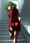  ass bespectacled blush folder formal glasses green_hair high_heels highres jacket kazami_yuuka looking_at_viewer looking_back pencil_skirt red_eyes short_hair skirt skirt_suit smile solo stairs stairwell suit teacher touhou yadokari_genpachirou 