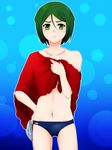  bob_cut fate/zero fate_(series) green_eyes green_hair highres luv-on-luv male_focus male_swimwear navel shirtless solo swim_briefs swim_cap swimwear towel waver_velvet 