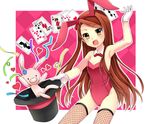  akizuki_ritsuko animal_ears armpits bow bowtie brown_eyes brown_hair bunny bunny_ears bunnysuit card detached_collar fishnet_legwear fishnets futami_ami gloves hat idolmaster idolmaster_(classic) long_hair magician masato_ayame minase_iori miura_azusa playing_card stuffed_animal stuffed_bunny stuffed_toy tail thighhighs top_hat 