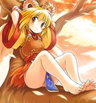  ahoge armor arms_up autumn_leaves bangs barefoot blonde_hair blush feet head_tilt in_tree light_smile no_panties orange_eyes original outdoors oyatsu_(mk2) plant short_hair sitting soles solo thighs toes tree wide_sleeves 