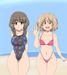  bad_id bad_pixiv_id bikini braid breasts brown_eyes brown_hair competition_swimsuit hair_over_shoulder hanasaku_iroha highleg highleg_bikini highleg_swimsuit kaz_(shade) large_breasts long_hair matsumae_ohana multiple_girls one-piece_swimsuit oshimizu_nako polka_dot polka_dot_bikini polka_dot_swimsuit short_hair star star_print swimsuit twin_braids twintails waving 