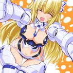  altrene blonde_hair breasts busou_shinki closed_eyes dd_(ijigendd) doll_joints elbow_gloves gloves happy large_breasts long_hair midriff navel open_mouth shiny shiny_skin smile solo thigh_gap thighhighs white_legwear 