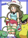  1boy 1girl awa blue_(pokemon) blue_eyes blush breasts brown_hair bulbasaur hat panties pokemon pokemon_(game) red_(pokemon) skirt skirt_lift underwear upskirt victreebel white_panties 