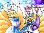  animal_ears baund_doc blonde_hair breasts chibi commentary_request fox_ears fox_tail gundam hands_in_opposite_sleeves hat large_breasts mayohi_neko mechanization multiple_tails sd_gundam tail touhou yakumo_ran yellow_eyes zeta_gundam 