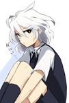  aoki_shizumi black_eyes catchphrase kneehighs kosegawa_shiromi looking_at_viewer miyamori_school_uniform saki short_hair skirt solo translated white_background white_hair 