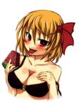  bikini black_bikini blonde_hair blush breasts doyouwantto fang food fruit hair_ribbon hand_on_own_chest highres large_breasts o-ring o-ring_bikini o-ring_top off_shoulder red_eyes ribbon rumia short_hair solo swimsuit tongue tongue_out touhou upper_body watermelon white_background 