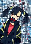  1girl black_hair gas_mask headphone_actor_(vocalois) headphones highres jacket red_eyes solo twintails vocalois zipper 