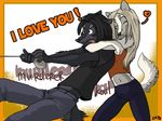  anthro canine couple duo embrace female humor koul koul_fardreamer male mammal murd smile tongue tongue_out wolf 