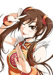  ;p bangle bracelet brown_eyes brown_hair china_dress chinese_clothes dress fur_trim jewelry kyo9999 ling_xiaoyu long_hair one_eye_closed orange_shirt shirt simple_background solo tekken tongue tongue_out twintails white_background 