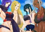  4girls blonde_hair blue_eyes blue_hair breasts brown_eyes cleavage dark_skin green_eyes grey_hair highres hyuuga_hinata konan labret_piercing large_breasts lipstick long_hair mabui_(naruto) makeup mattsun_(lyohei-adgjmptw) multiple_girls naruto naruto_shippuuden purple_lipstick sideboob tsunade yellow_eyes 