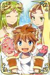  2girls angel azumi_(tks-sd) blonde_hair blue_eyes brown_hair green_eyes green_hair heart jewelry kid_icarus kid_icarus_uprising lots_of_jewelry multiple_girls nachure nintendo palutena pit_(kid_icarus) viridi wings 