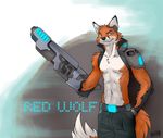  canine fox green_eyes koul male mammal ranged_weapon red_wolf_(character) smirk solo topless weapon 