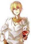  absurdres alcohol blonde_hair bracelet casual cup drinking_glass erjiu fate/zero fate_(series) gilgamesh highres jewelry looking_at_viewer male_focus necklace red_eyes simple_background solo white_background wine wine_glass 