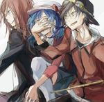  2boys baseball_cap black_hair blue_hair crystal_(pokemon) glaring goggles goggles_on_head gold_(pokemon) hat holding jacket muku0615 multiple_boys pokemon pokemon_special red_hair ribbon scared silver_(pokemon) sitting sketch sweatdrop thighhighs twintails yellow_eyes 