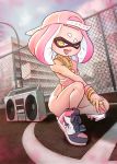  +_+ 1girl backwards_hat bare_shoulders baseball_cap blacking_your_waifu boombox bracelet breasts collar domino_mask full_body hat hime_(splatoon) jewelry legs leotard looking_at_viewer mask mole mole_under_mouth open_mouth outdoors pink_hair pink_leotard ring shoes short_hair sleeveless small_breasts smile sneakers solo splatoon splatoon_(series) splatoon_2 squatting tentacle_hair thick_eyebrows tongue v yellow_eyes 