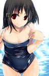  bare_shoulders black_hair breasts cleavage competition_school_swimsuit large_breasts looking_at_viewer one-piece_swimsuit red_eyes sawamura_hikaru shameimaru_aya short_hair smile solo swimsuit touhou 