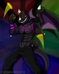  abs anthro biceps black_dragon black_scales black_skin clothing crocdragon89 dragon fangs glowstick green_eyes handsome male multicolored_background muscles pecs purple_body rave shirt solo tank_top teeth wings yellow_sclera zeke_(crocdragon89) 