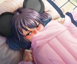  7/11_(fukuso) animal_ears blanket blush embarrassed grey_hair lying mouse_ears nazrin pillow red_eyes solo touhou 