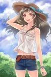  :d arm_up belt brown_hair collarbone groin hat hat_ribbon hatake_michi long_hair open_mouth original red_eyes ribbon shorts smile solo straw_hat 