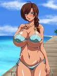  1girl beach bikini blue_eyes blush breasts brown_hair dark_skin highres huge_breasts large_breasts long_hair nail_polish ocean palm_tree pink_nails smile solo swimsuit tree water_beryl 